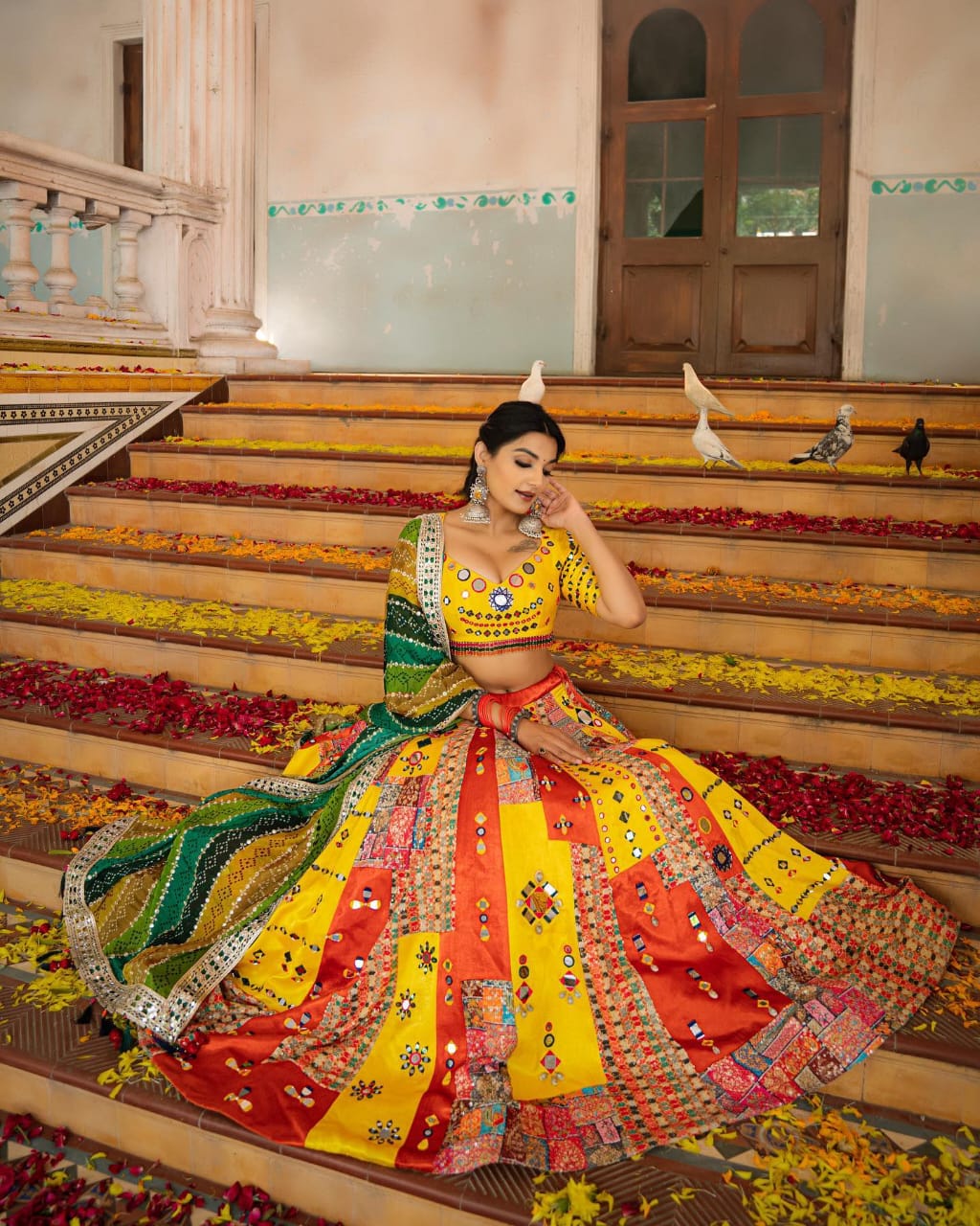 Elegant Butter Silk Lehenga with Digital Print & Real Mirror Work for Navratri