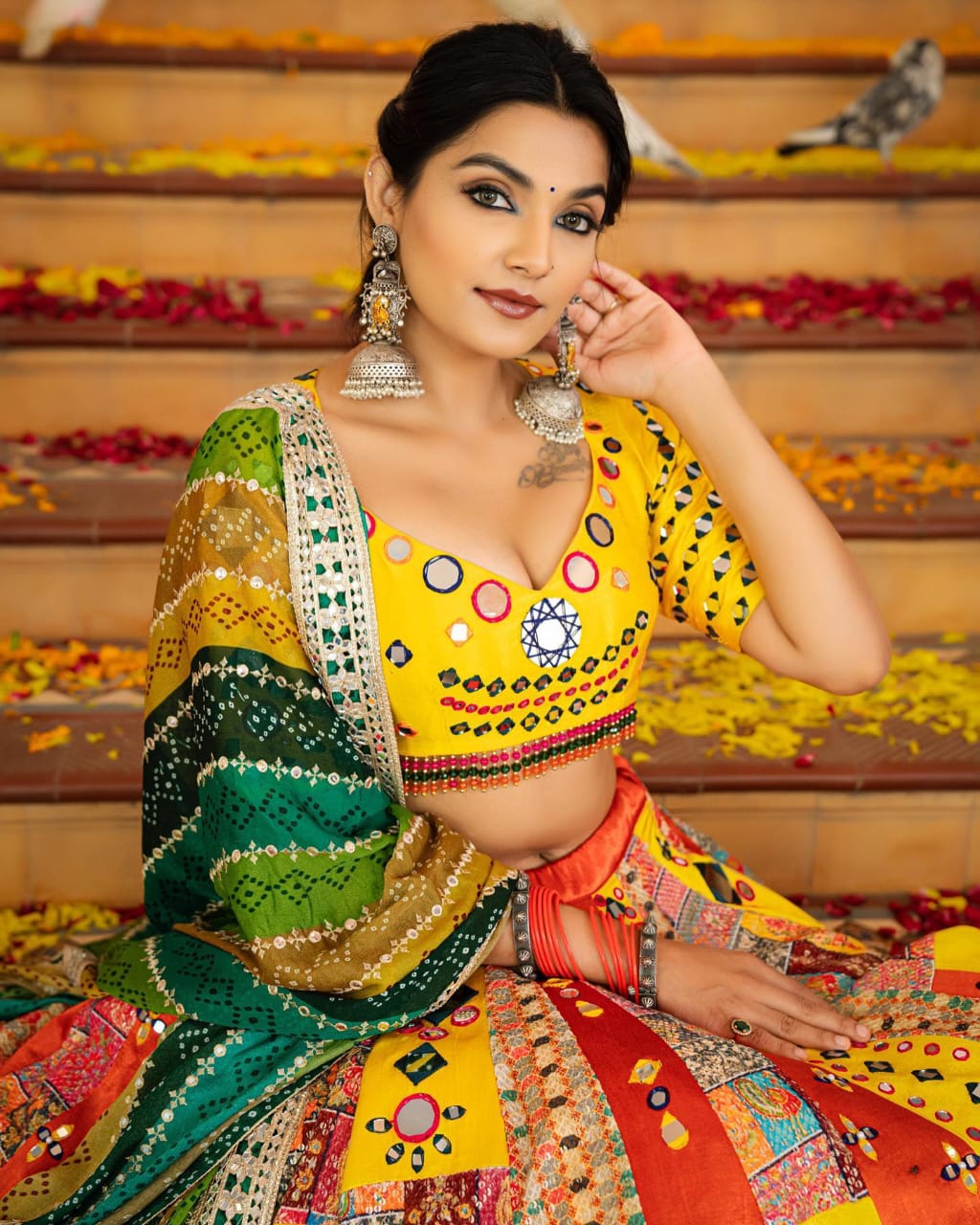 Elegant Butter Silk Lehenga with Digital Print & Real Mirror Work for Navratri