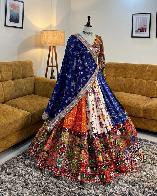 Butter Silk Navratri Lehenga Choli – Stitched with Digital Print & Real Mirror Work