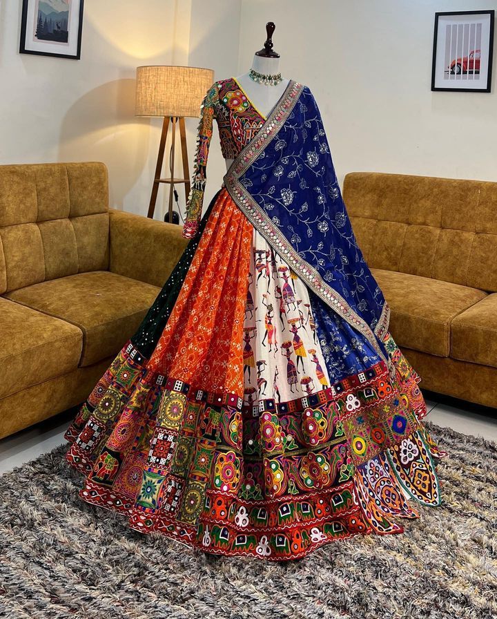 Butter Silk Navratri Lehenga Choli – Stitched with Digital Print & Real Mirror Work