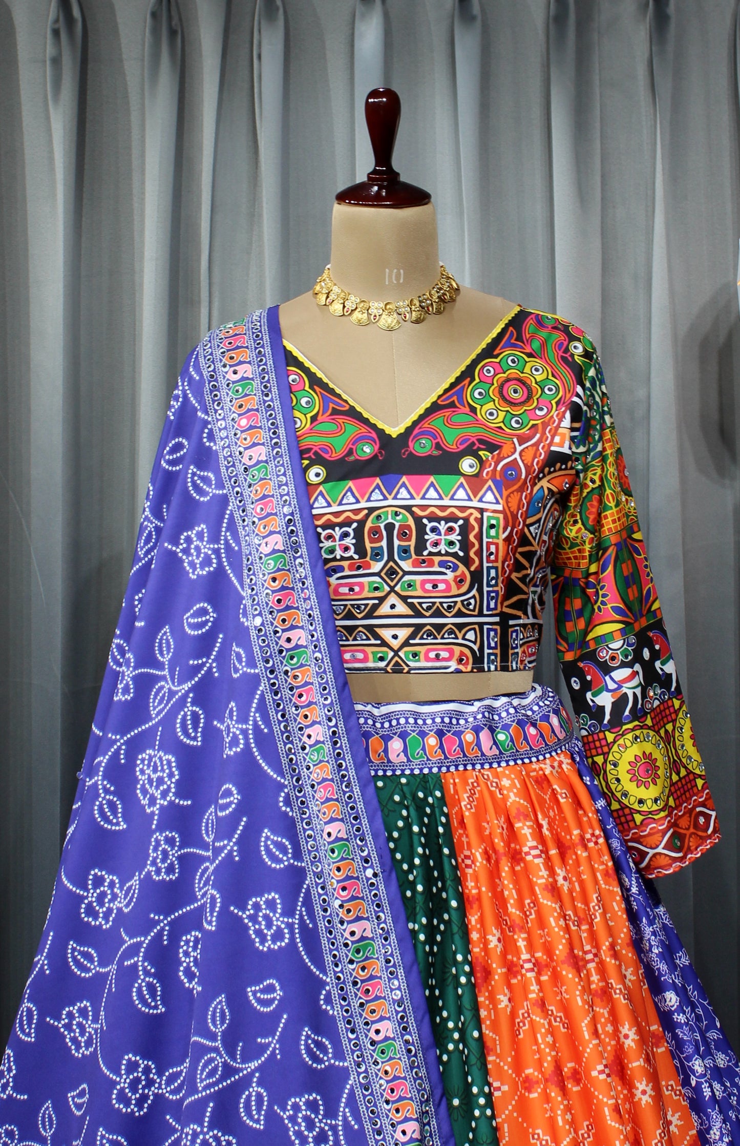 Butter Silk Navratri Lehenga Choli – Stitched with Digital Print & Real Mirror Work