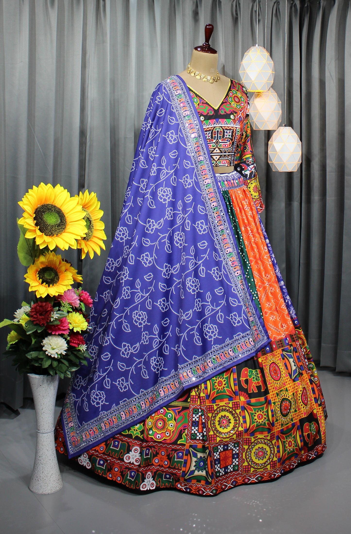 Butter Silk Navratri Lehenga Choli – Stitched with Digital Print & Real Mirror Work