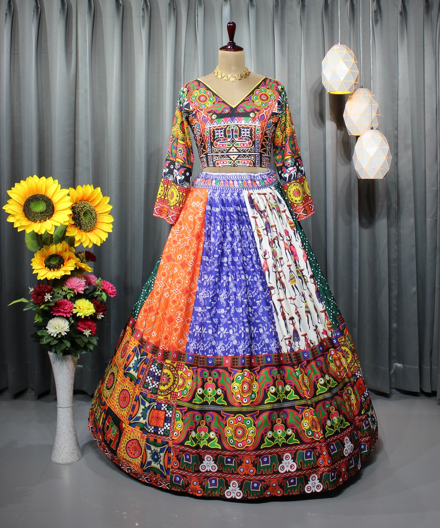 Butter Silk Navratri Lehenga Choli – Stitched with Digital Print & Real Mirror Work