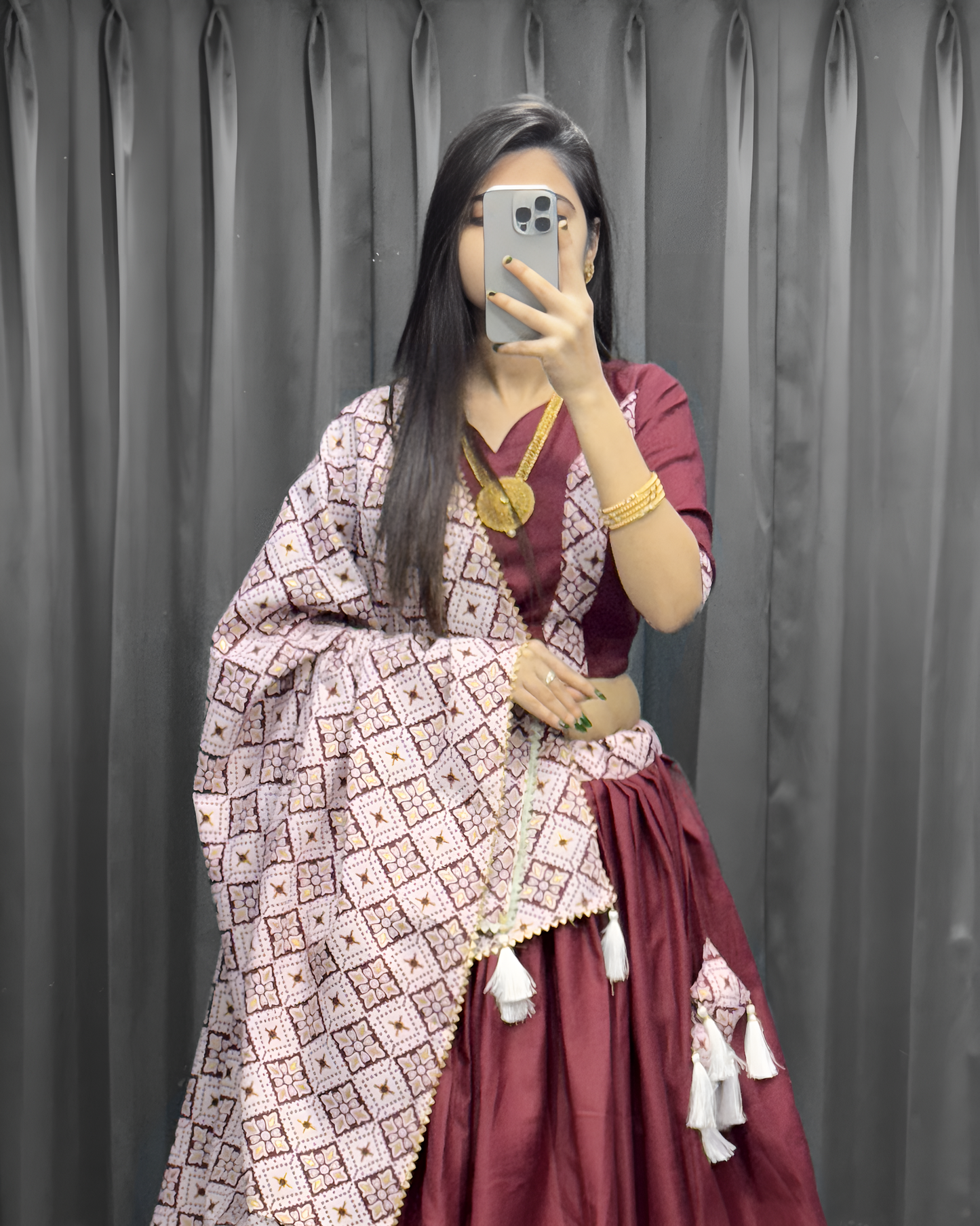 Women’s Cotton Lehenga Choli – Ready to Wear with Mirror Work & Printed Dupatta