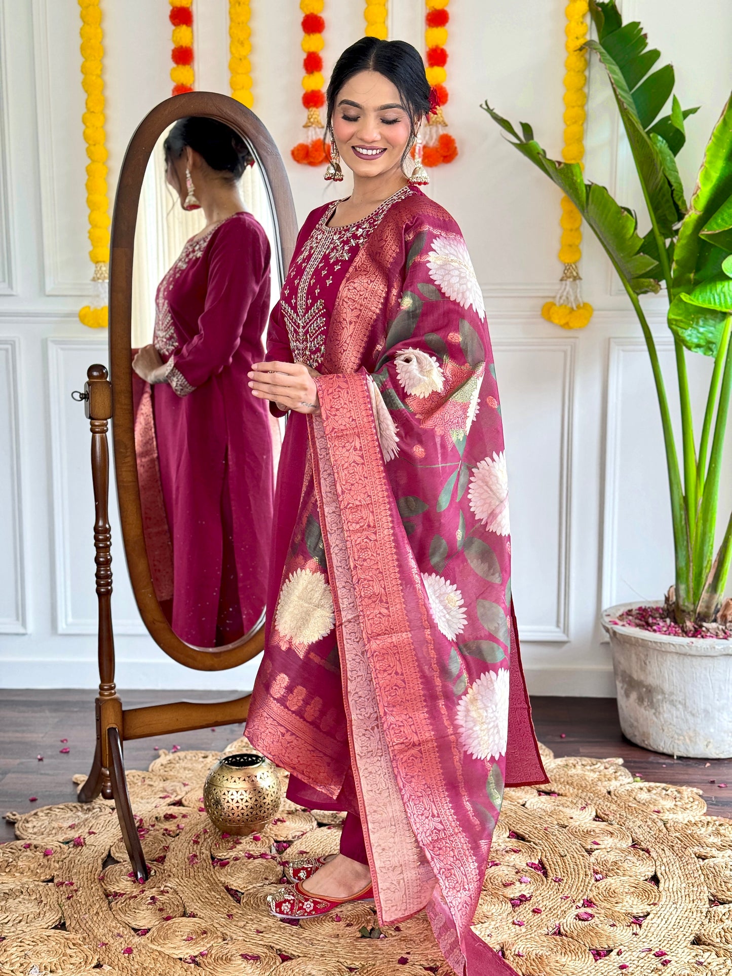 Women’s Viscose Chanderi Kurti Set with Embroidered Jacquard Dupatta & Pant – 3/4 Sleeves, Designer Round Neck