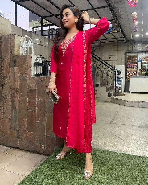Women's Viscose Chanderi Embroidered Kurta with Pant & Pure Organza Dupatta with Work | Readymade 3-Piece Suit Set | Elegant Ethnic Wear for Festive, Party & Semi-Formal Occasions