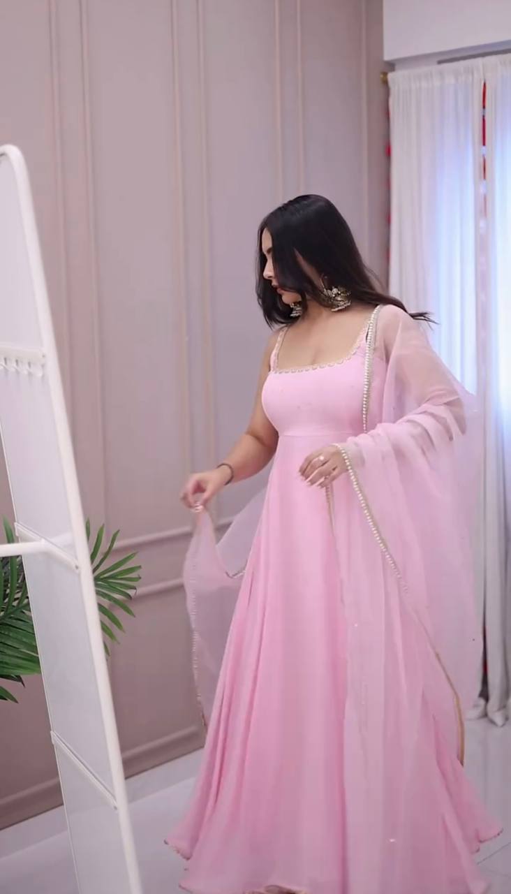 Elegant Faux Georgette Gown Set with Embroidered Dupatta & Matching Pant | Designer Fully Stitched Ethnic Wear