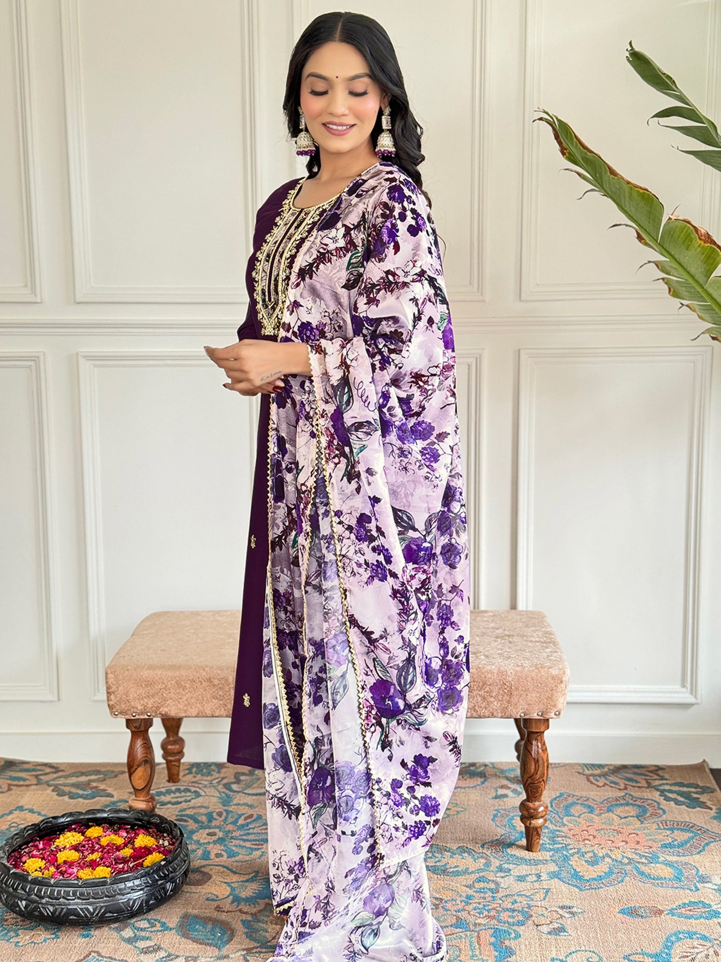 Elegant Chanderi Kurti Set with Embroidered Taby Dupatta & Pant – 3/4 Sleeve, Designer Round Neck