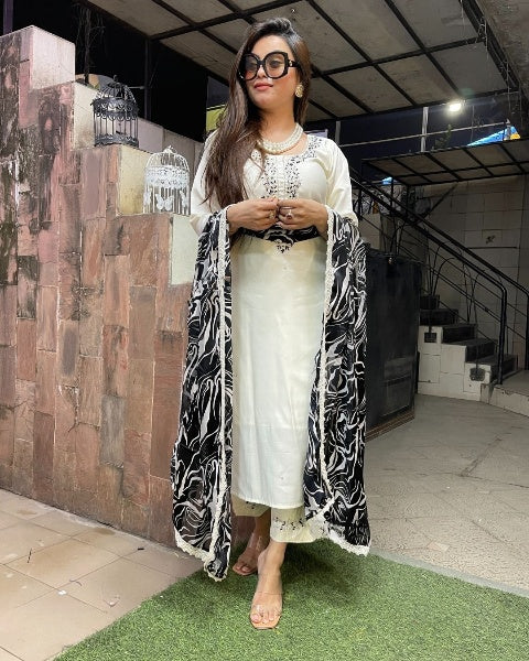Viscose Blend Rayon Embroidered Suit Set with Nylon Taby Organza Dupatta