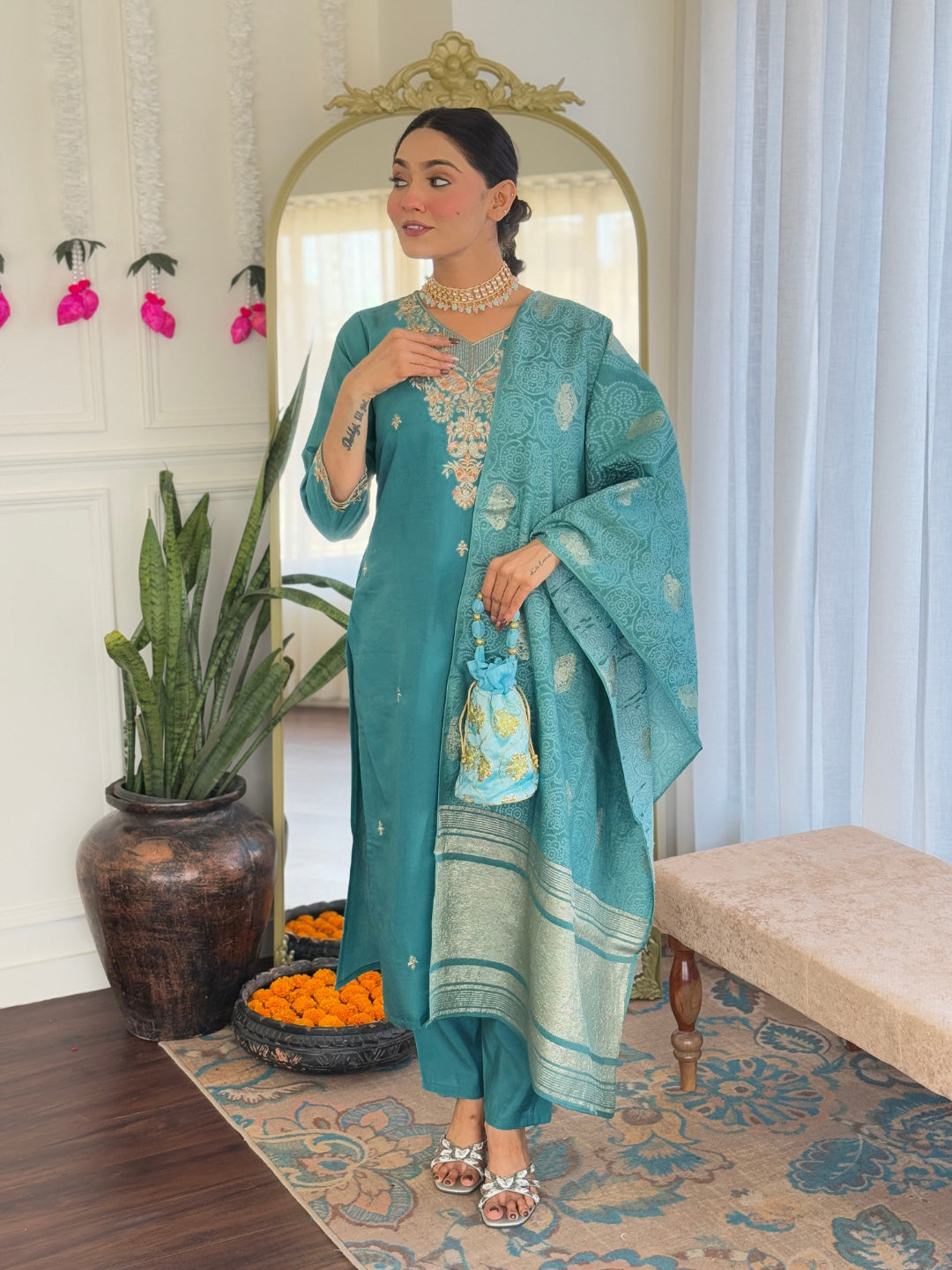 Women's Viscose Chanderi Embroidered Kurta with Pant & Nylon Jacquard Dupatta | Elegant Readymade 3-Piece Suit Set | Ethnic Wear for Festive, Semi-Formal & Daily Occasions