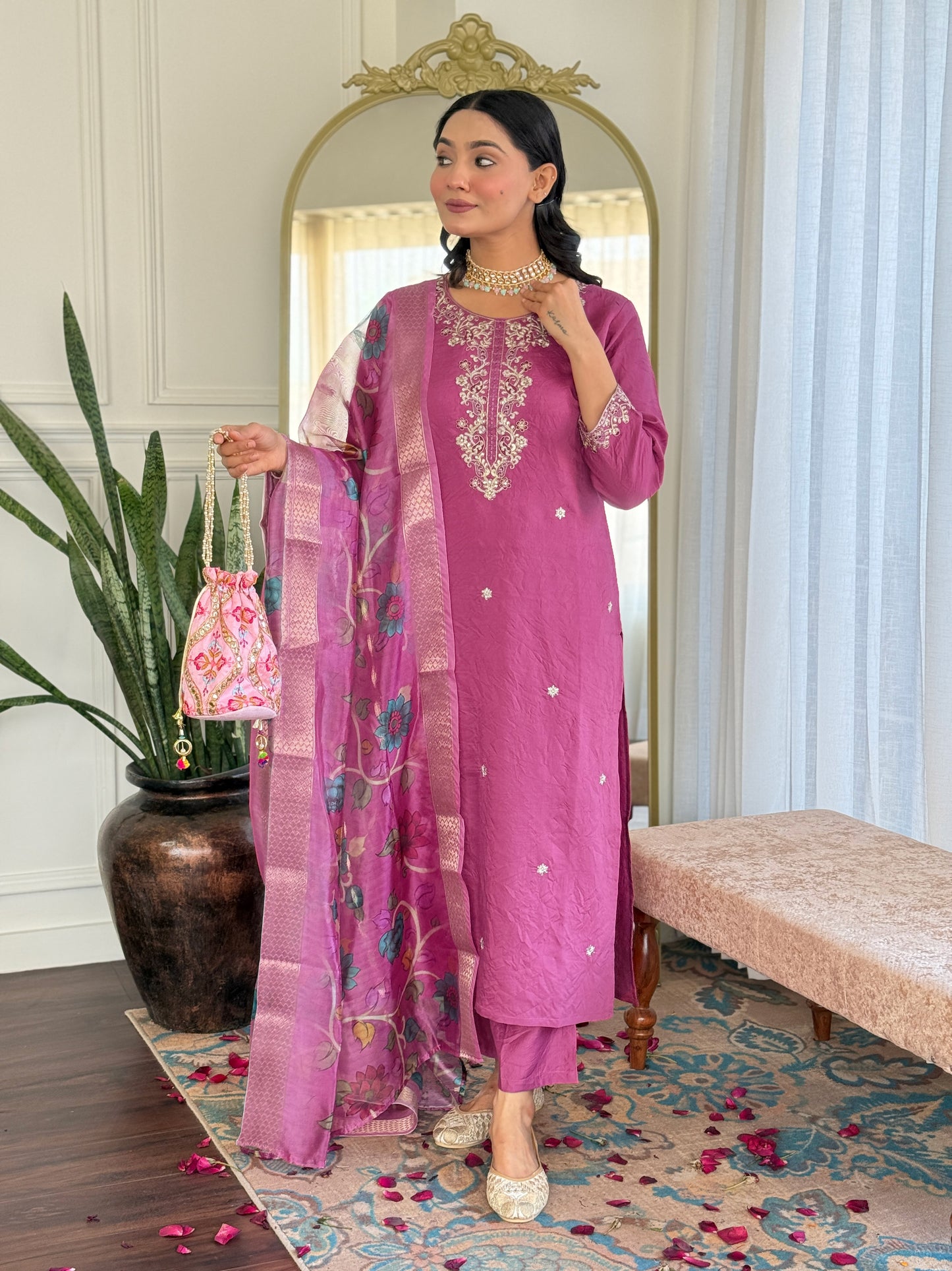 Designer Embroidered Suit Set in Chanderi with Jacquard Dupatta