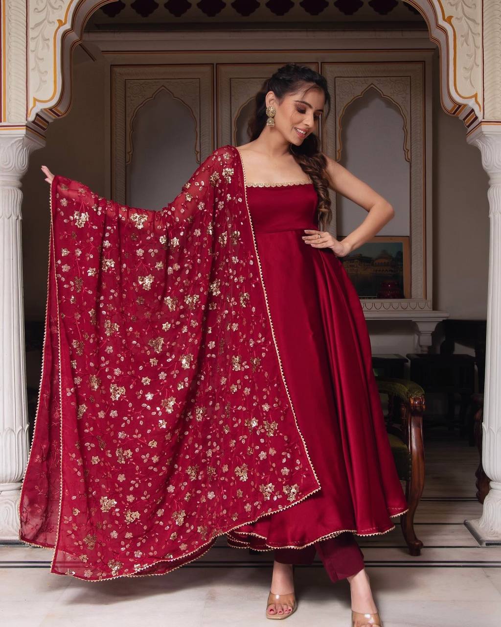 Party Wear Fully Stitched Outfit for Designer Heavy Faux Georgette Gown Set with Embroidered Dupatta & Bottom