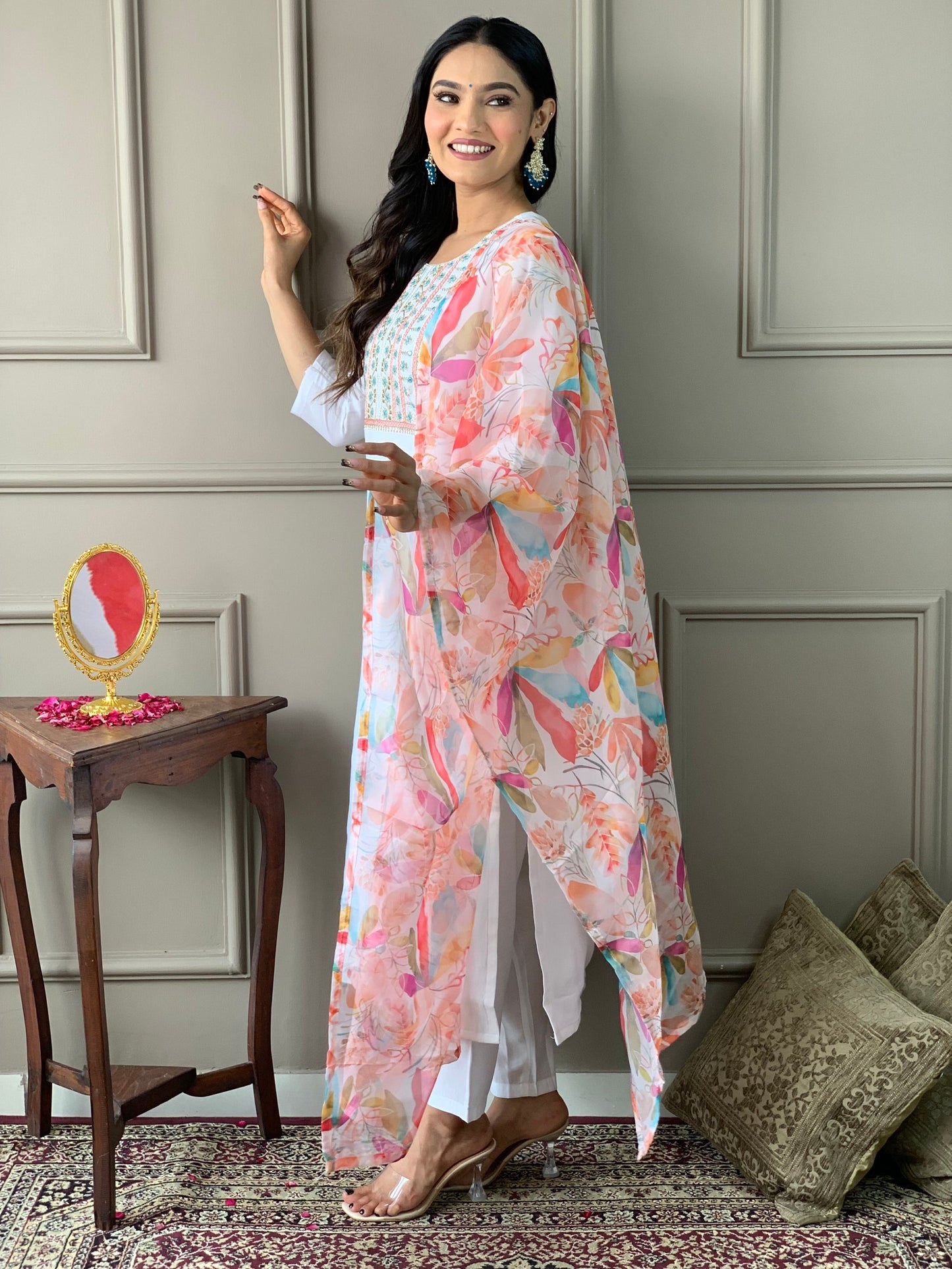 Minimalist White Embroidered Suit Set with Chanderi Fabric & Teby Dupatta
