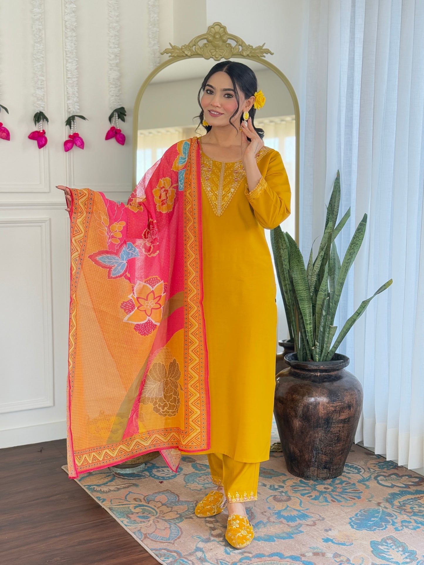 Women's Chanderi Silk Embroidered Kurta with Pant & Pure Linen Dupatta | Premium Readymade 3-Piece Ethnic Suit Set | Elegant Wear for Festive, Semi-Formal & Traditional Occasions
