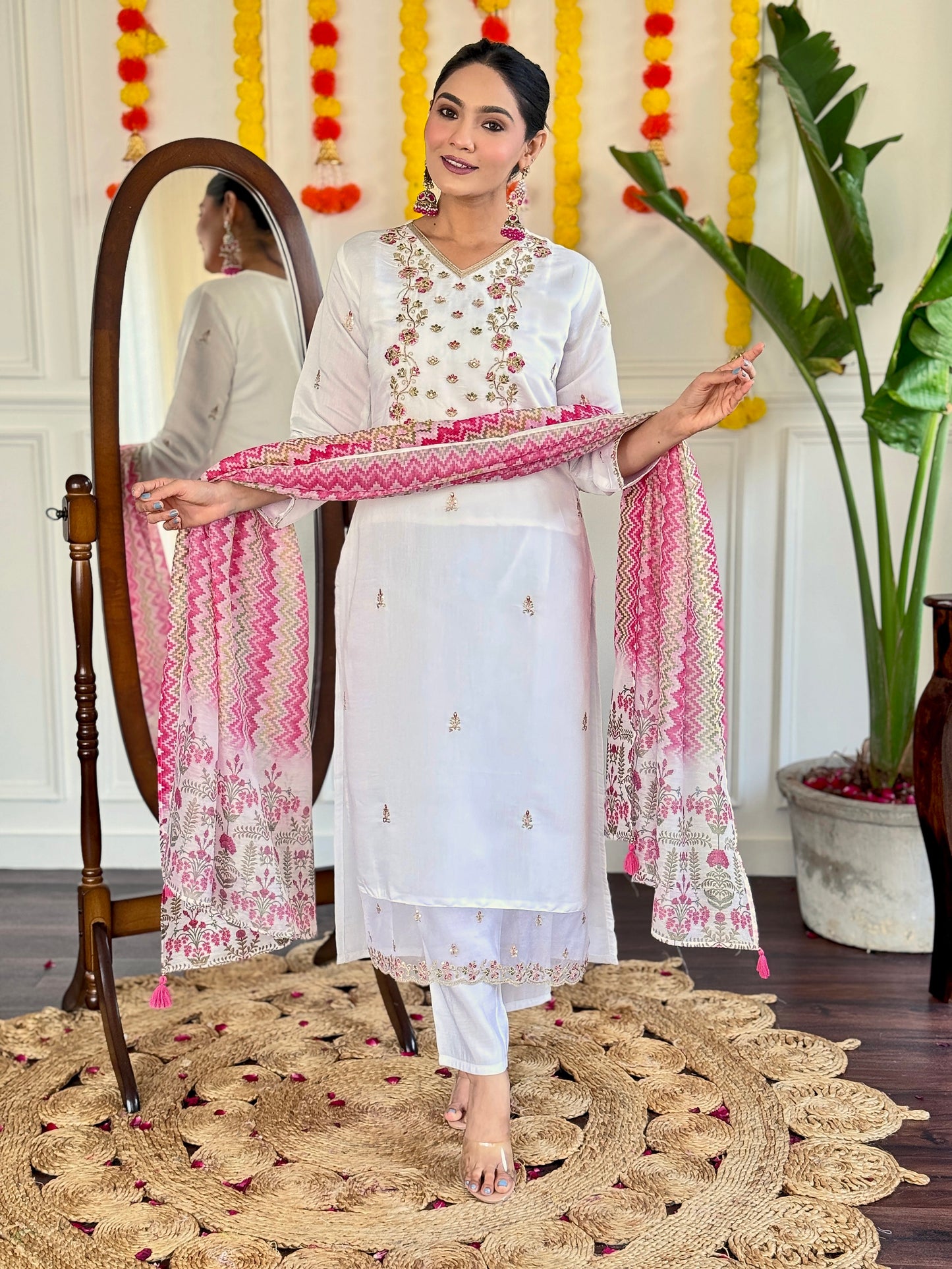 Elegant White Viscose Chanderi Kurti Set with Designer V-Neck & Chanderi Dupatta – 3-Piece Ready-to-Wear Ethnic Suit for Women