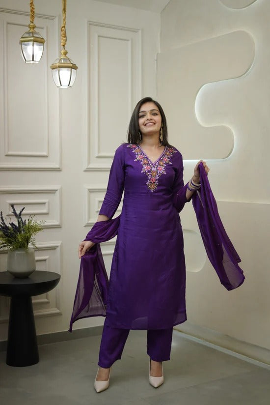 New Embroidered Vichitra Suit Set with Elegant Chanderi Dupatta – 3-Piece Premium Ethnic Ensemble