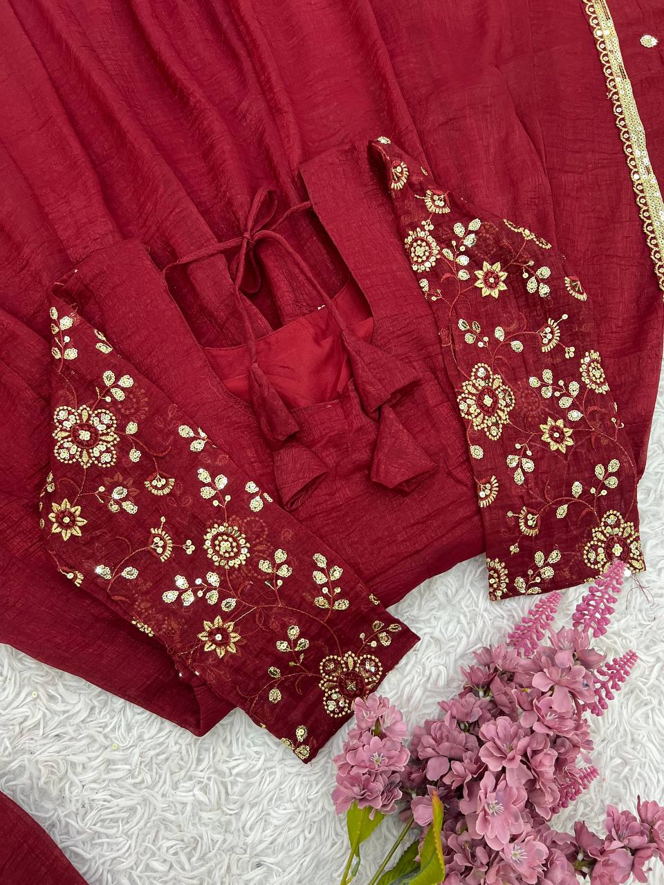 Premium Women’s Ethnic Wear Crunchy Silk Gown Set with Embroidered Dupatta & Matching Pant