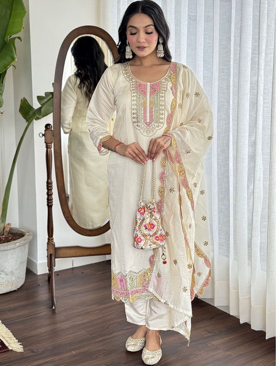 Elegant Heavy Roman Silk Suit Set with Embroidery & Matching Dupatta | Ready to Wear