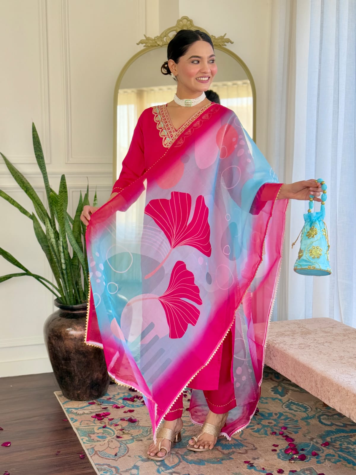 Casual Ethnic Wear Embroidered Reyon Slub Suit Set with Printed Teby Silk Dupatta – 3-Piece