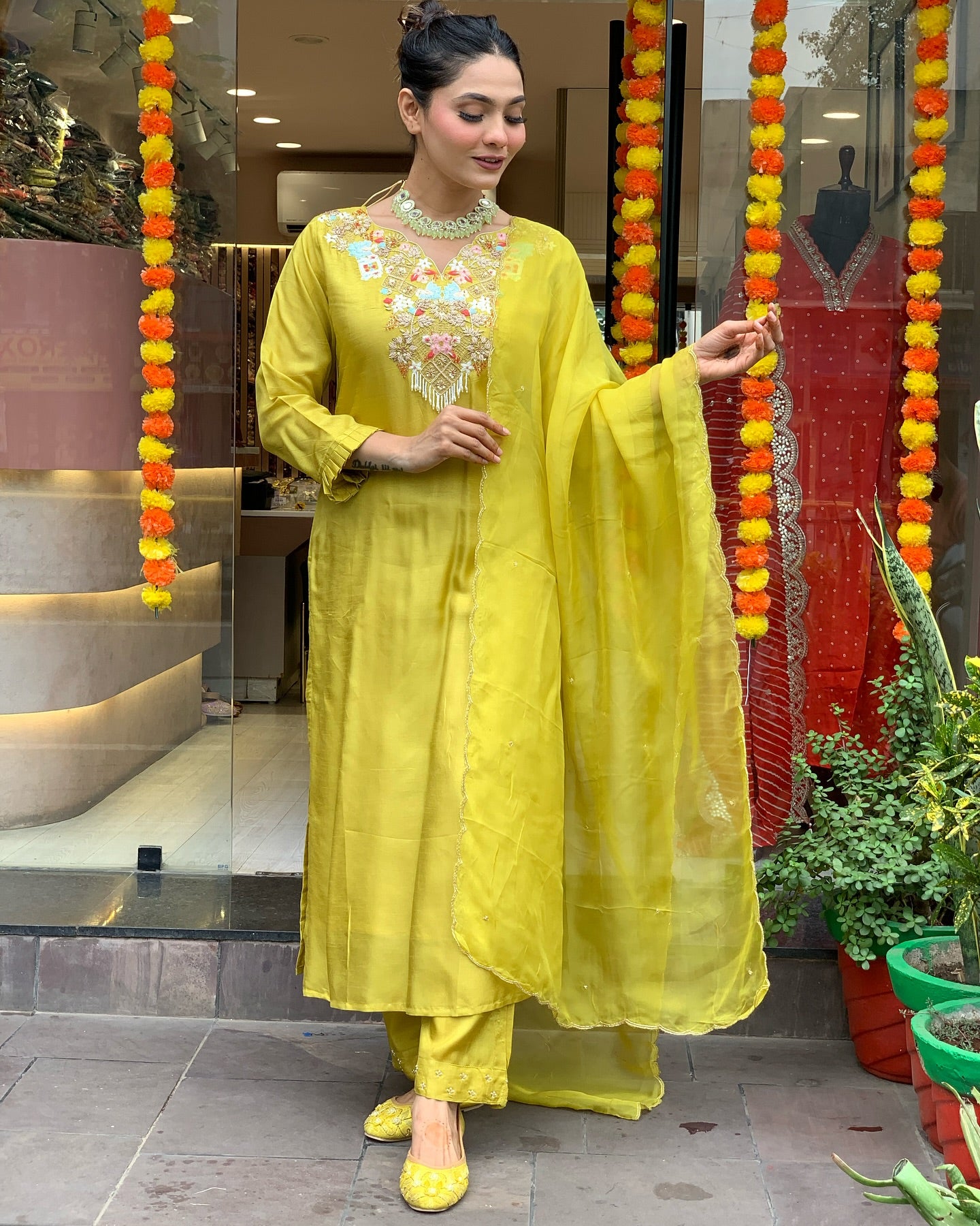 Chanderi Silk Embroidered Suit Set with Lightweight Organza Dupatta