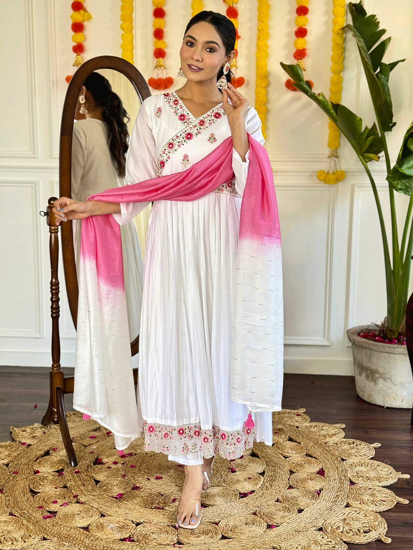 Stylish Embroidered Chanderi Ensemble with Flowy Jacquard Dupatta