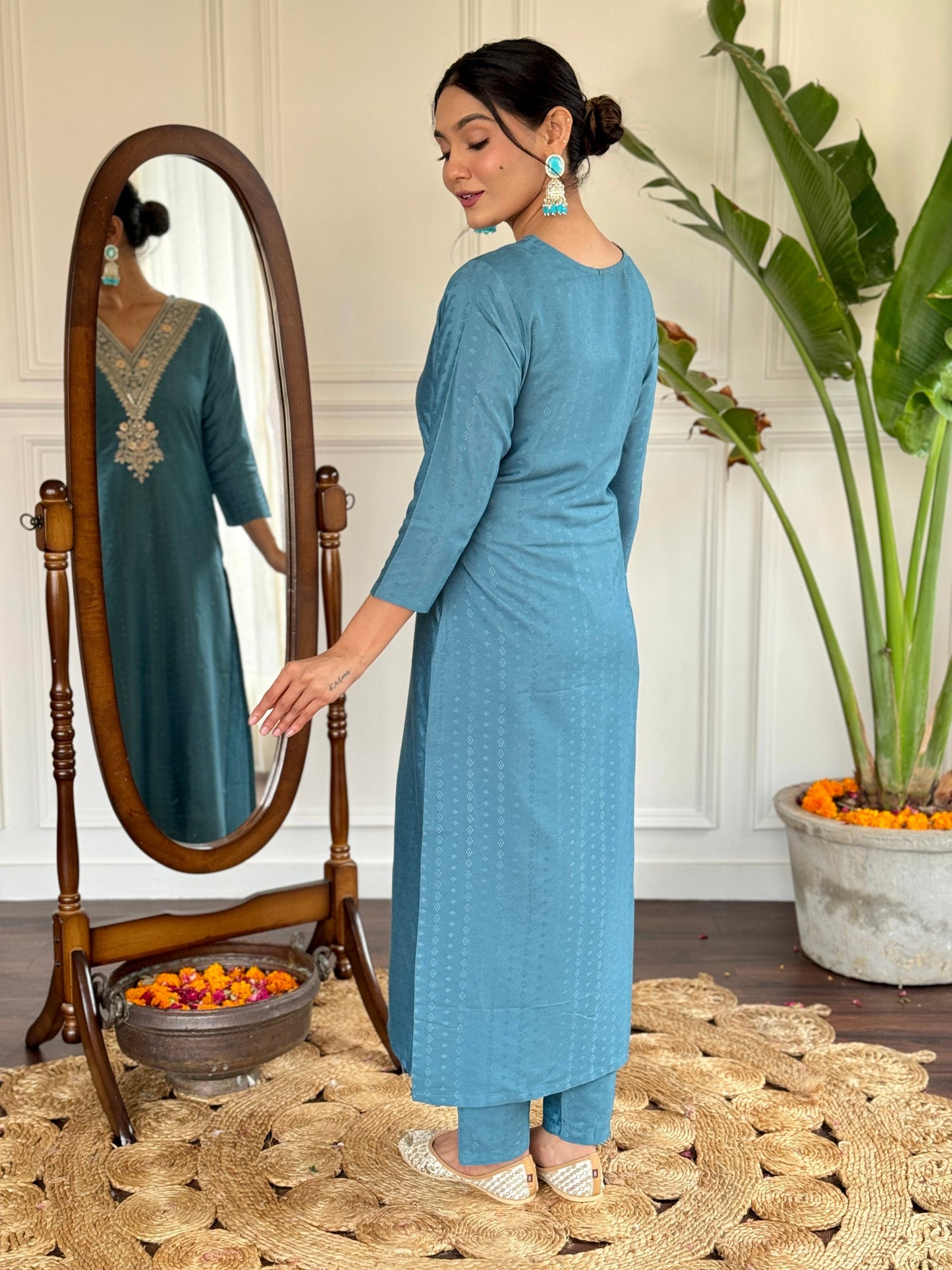 Festive Firozi Viscose Rayon Embroidered Kurti Pant Set with Teby Dupatta