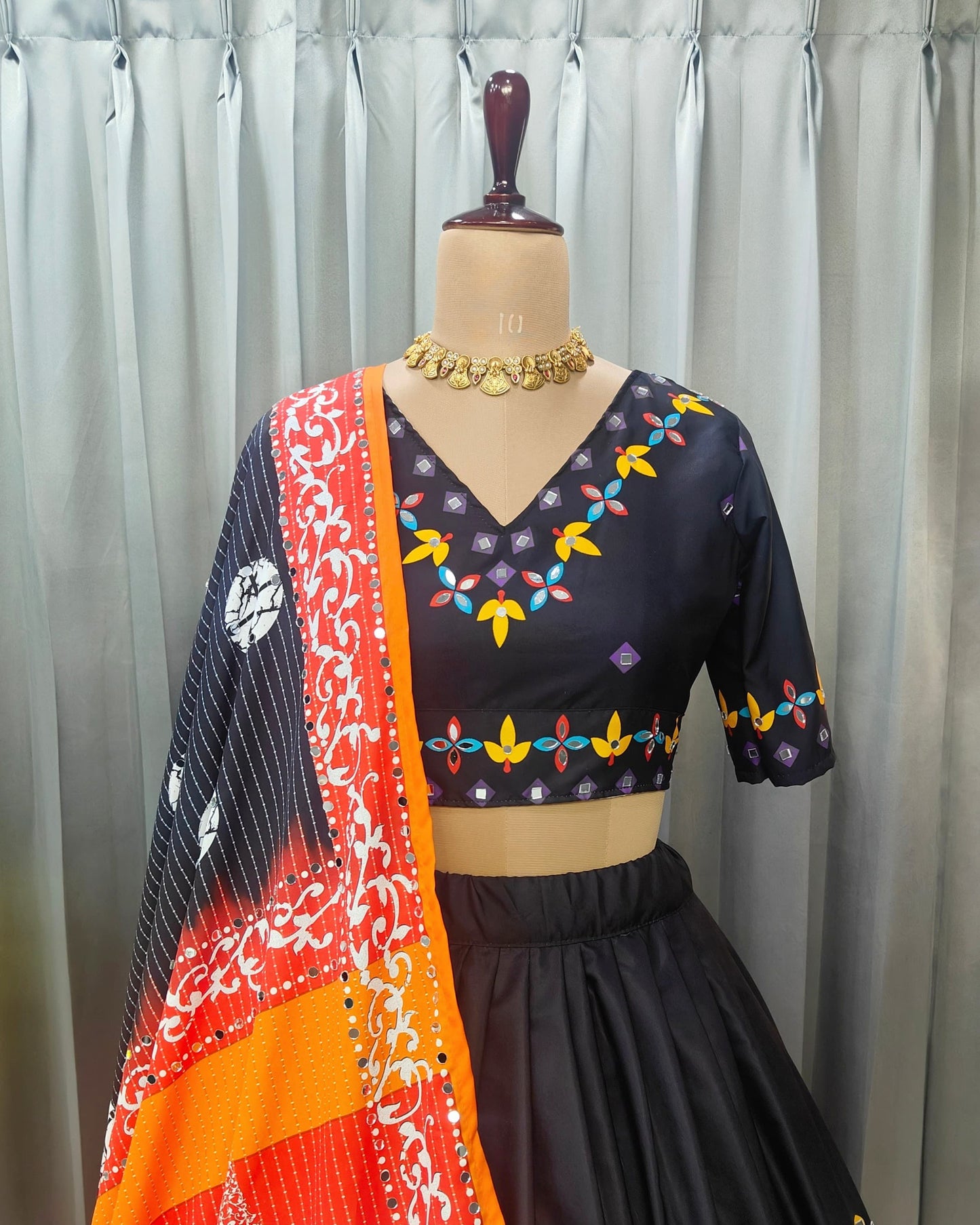 Stitched Maslin Cotton Lehenga Choli Set – Digital Print & Real Mirror Work with Dupatta