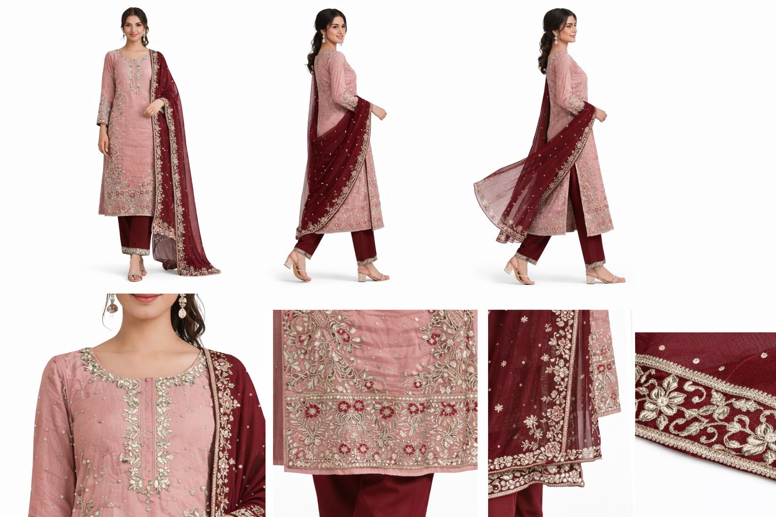 Women’s Rose Pink & Deep Maroon Chinnon Embroidered Kurta Sharara Set with Dupatta | Fully Stitched Festive Wear