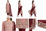 Women’s Rose Pink & Deep Maroon Chinnon Embroidered Kurta Sharara Set with Dupatta | Fully Stitched Festive Wear