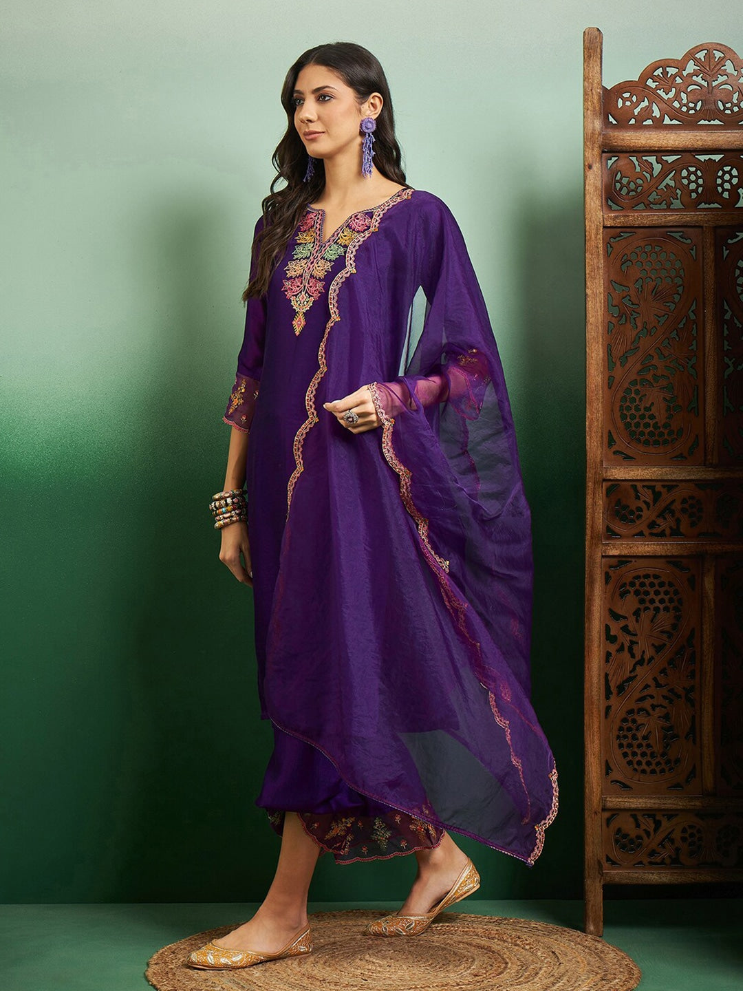 Women's Chanderi Cotton Kurti Set with Heavy Embroidered Organza Dupatta – Traditional Look