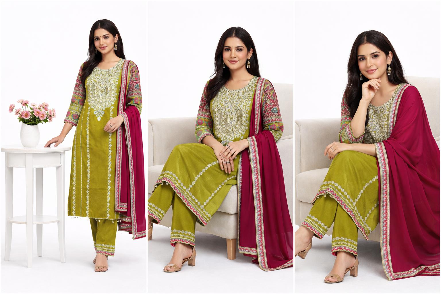 Women’s Green Embroidered Chinnon Kurta Pant Set with Dupatta | Fully Stitched Ethnic Wear | Festive & Party Outfit