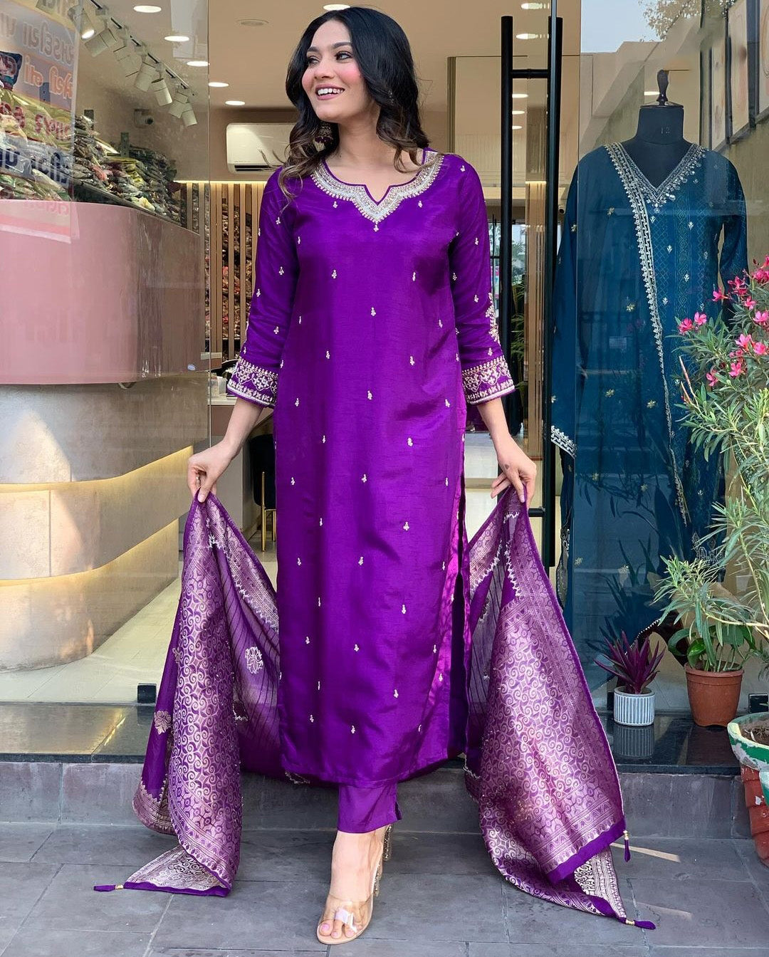 Designer Chanderi Kurti Set with Embroidery & Jacquard Dupatta