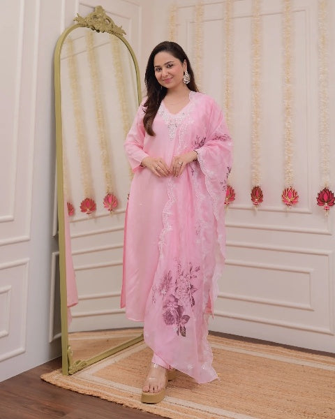 Women's Viscose Chanderi Embroidered Kurti with Pant & Taby Dupatta | Elegant Readymade Ethnic Suit Set | 3-Piece Set for Casual, Festive & Semi-Formal Wear