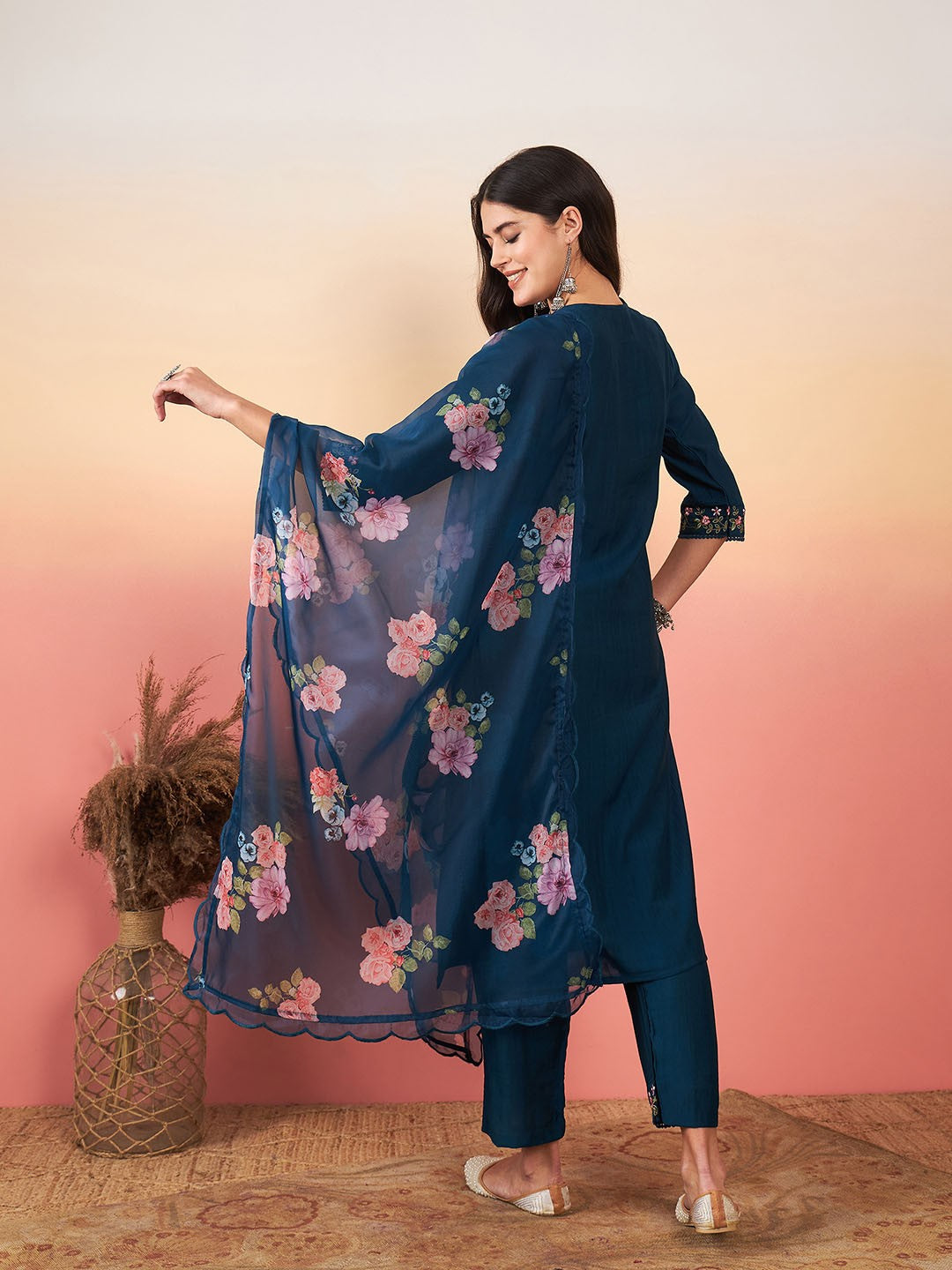 Premium Ethnic Embroidered Viscose Chanderi Suit Set with Pure Organza Dupatta – 3-Piece
