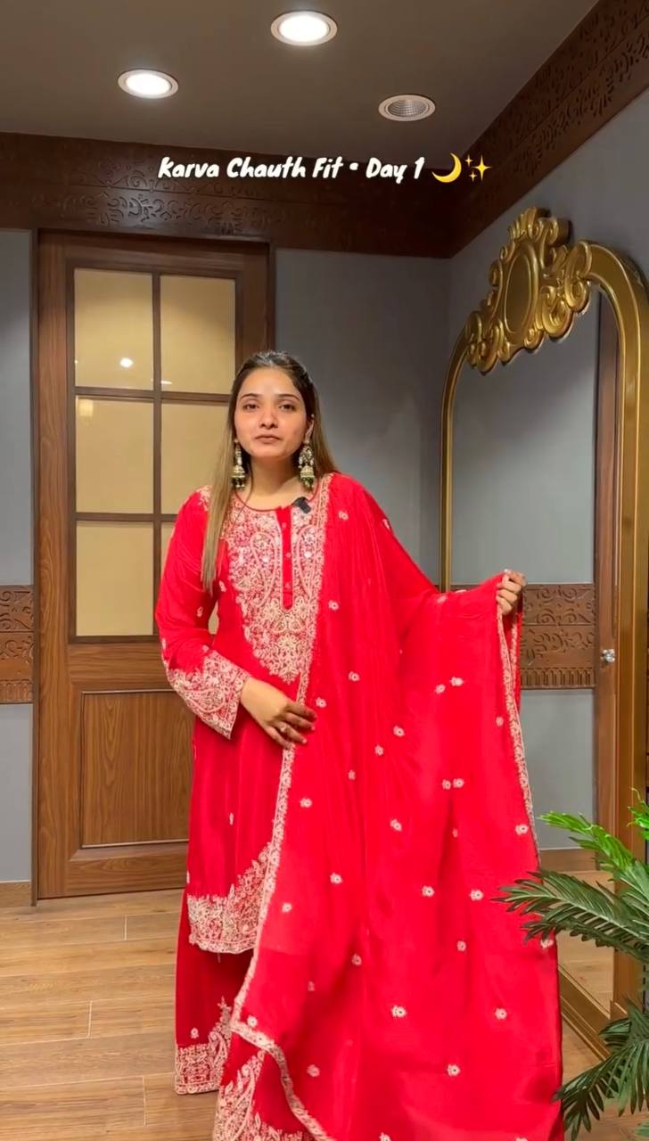 Designer Faux Georgette Sharara Set with Embroidered Dupatta | Fully Stitched Premium Ethnic Wear