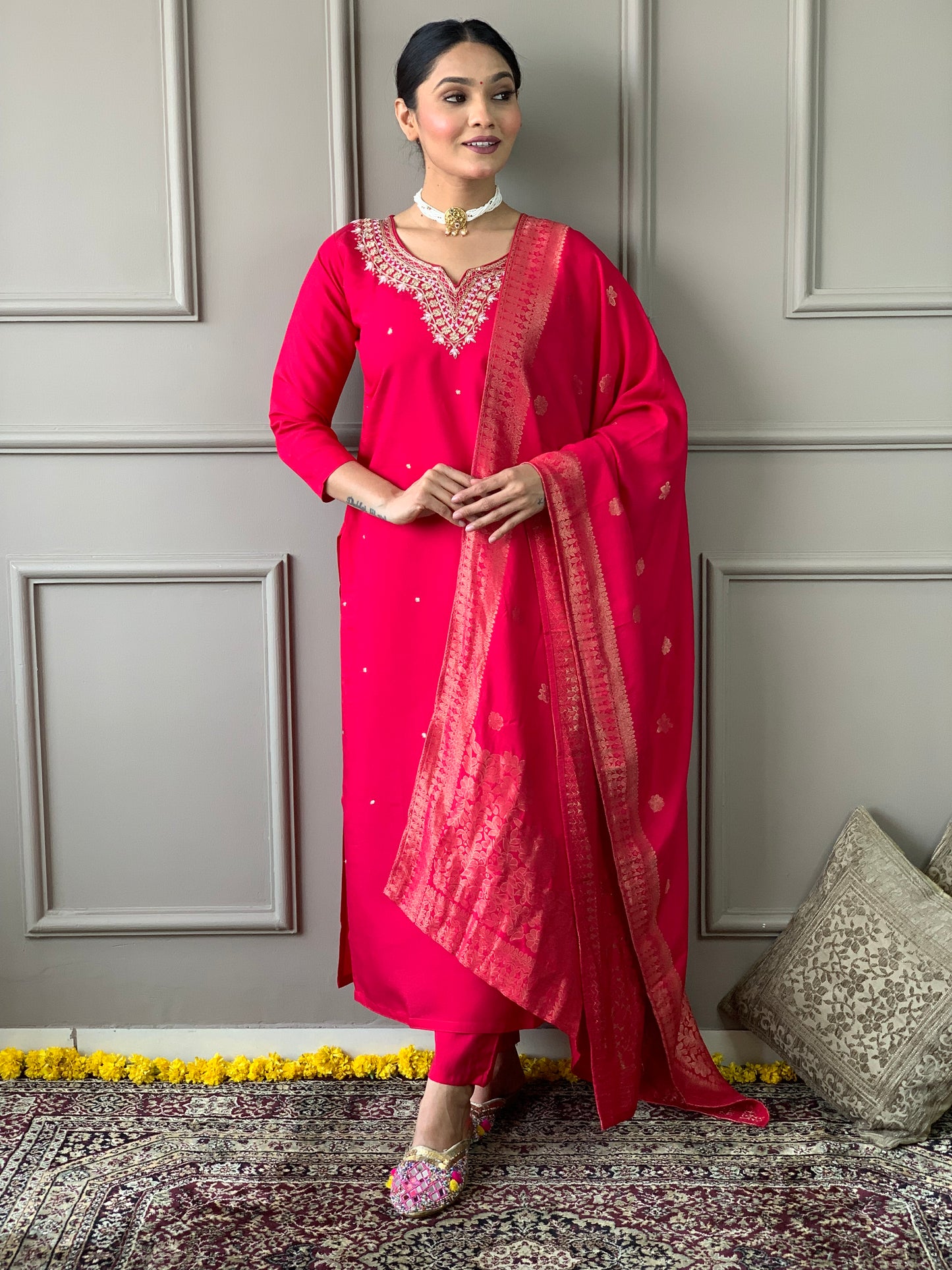 Elegant Ethnic Wear Embroidered Viscose Chanderi Suit Set with Rich Jacquard Dupatta – 3-Piece