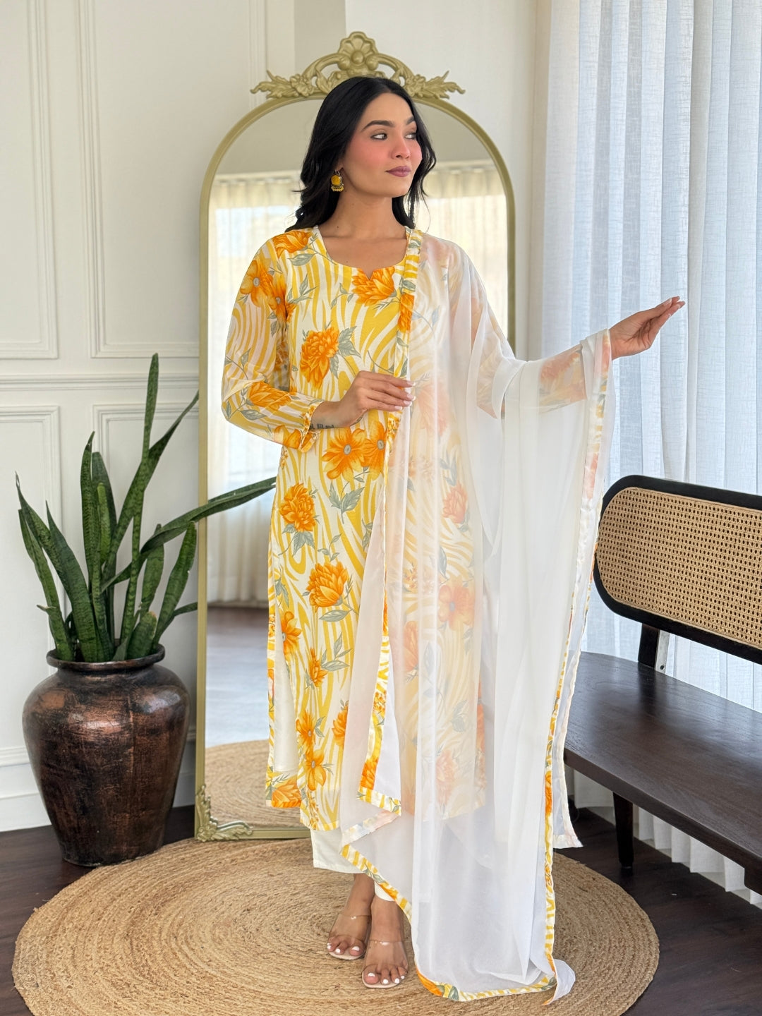 All-Over Print Chanderi Kurti Set – 3-Piece Suit for Casual Fashion