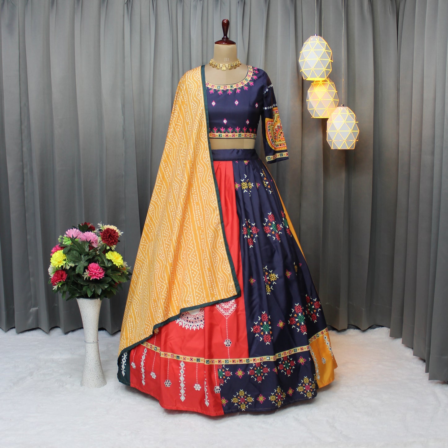 Women’s Butter Silk Lehenga Choli – Ready to Wear with Mirror Work & Printed Dupatta