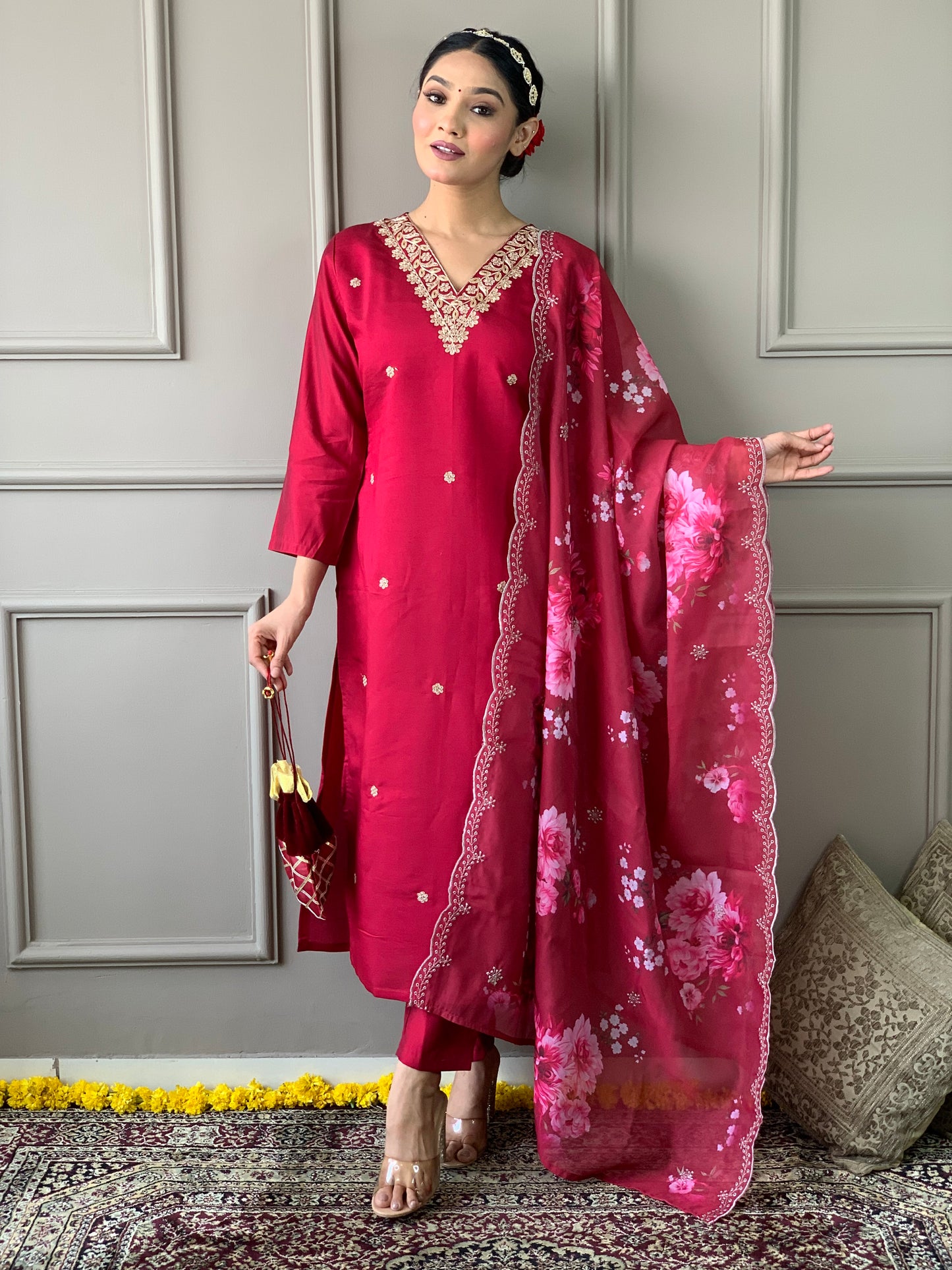 Women’s Viscose Chanderi Kurti Set with Embroidered Nylon Taby Dupatta & Pant – Full Sleeve, Designer V Neck