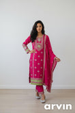 Rani Pink Embroidered Shimmer Kurta Pant Set with Dupatta | Fully Stitched | Festive, Party & Wedding Wear for Women