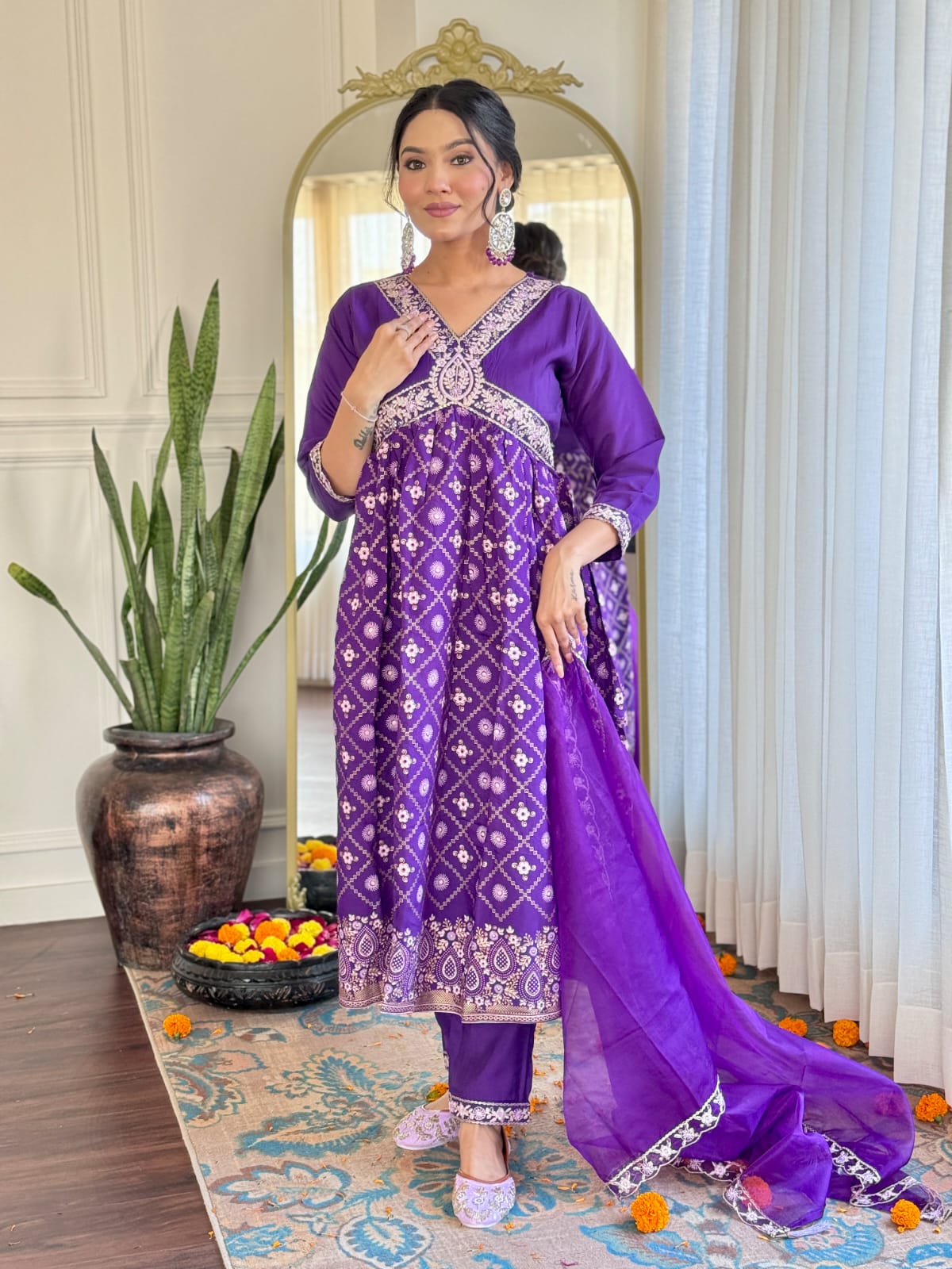 Classic Embroidered Suit in Chanderi with Soft Organza Dupatta