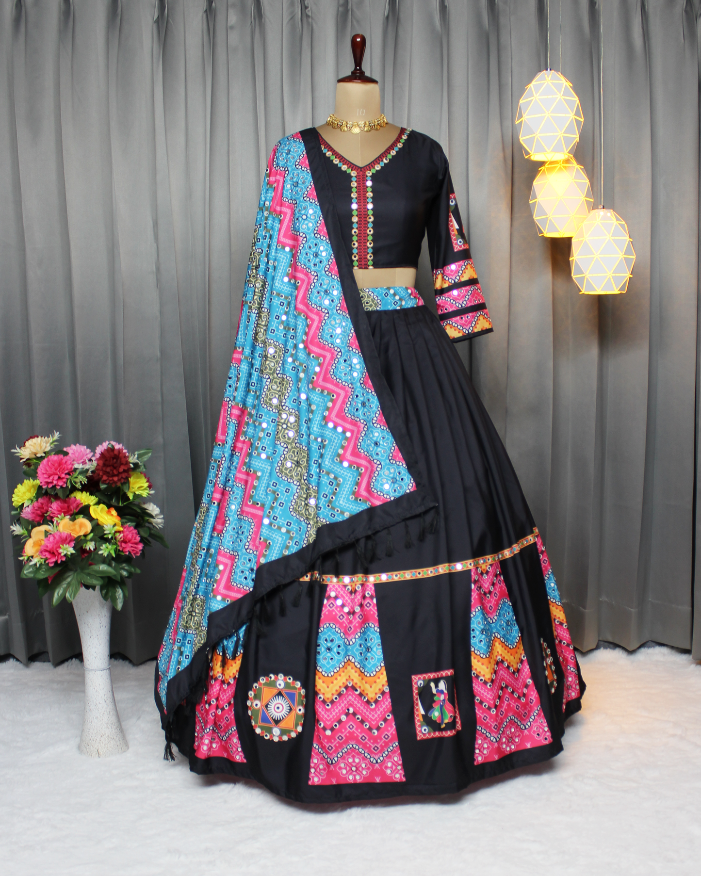 Women’s Butter Silk Navratri Lehenga Choli – Stitched, Real Mirror & Digital Print Work