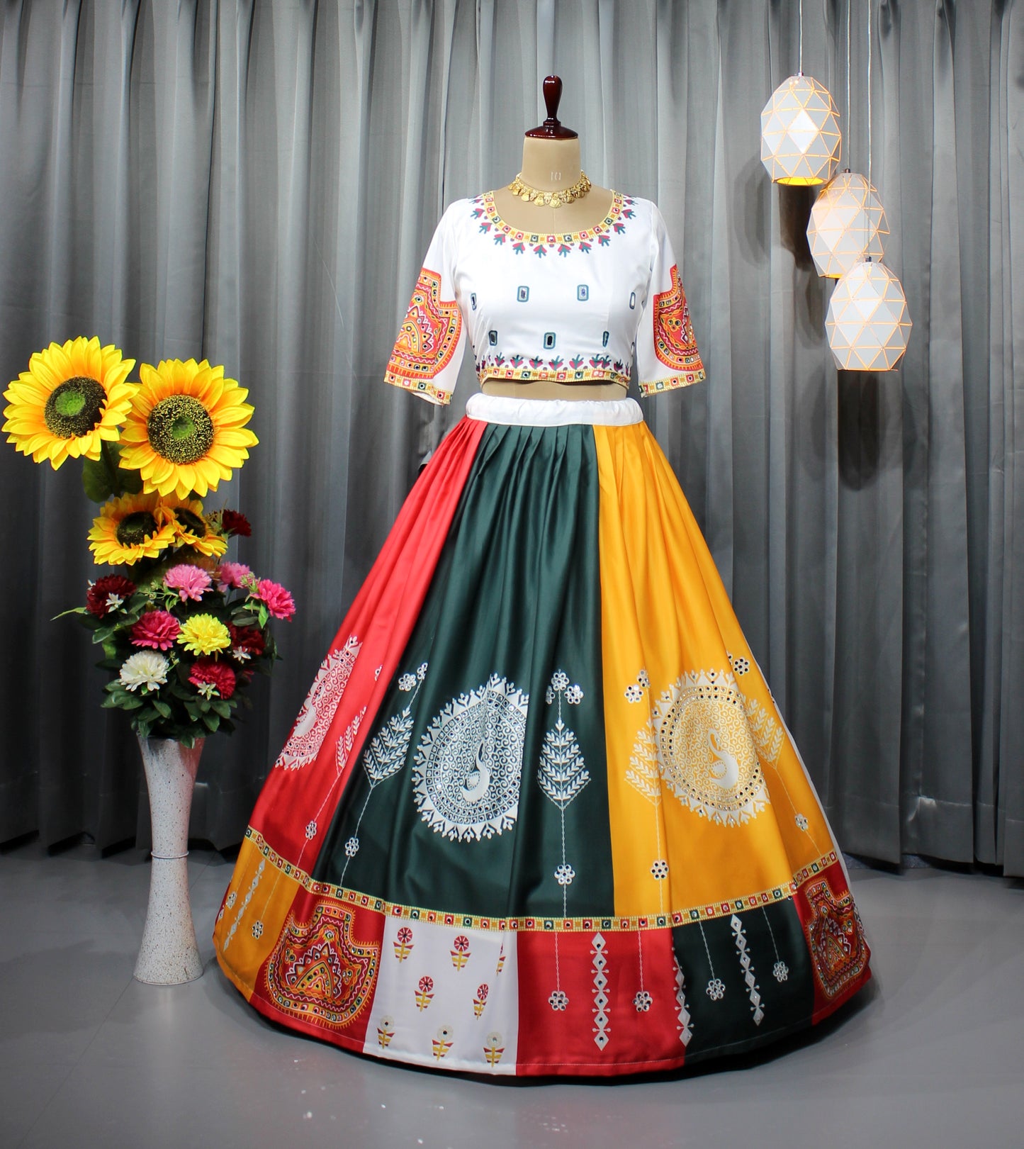 Butter Silk Stitched Lehenga Choli – Real Mirror Work for Navratri Glam