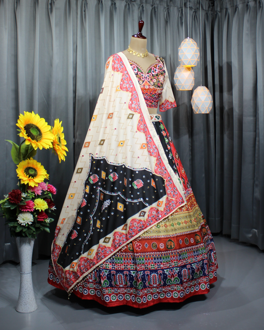 Navratri Glam in Butter Silk – Stitched Lehenga Choli with Mirror & Digital Print