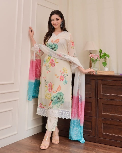 Women's Nylon Taby Embroidered Kurta with Viscose Pant & Dupatta | Readymade 3-Piece Suit Set | Elegant & Comfortable Ethnic Wear for Festive, Casual & Semi-Formal Use