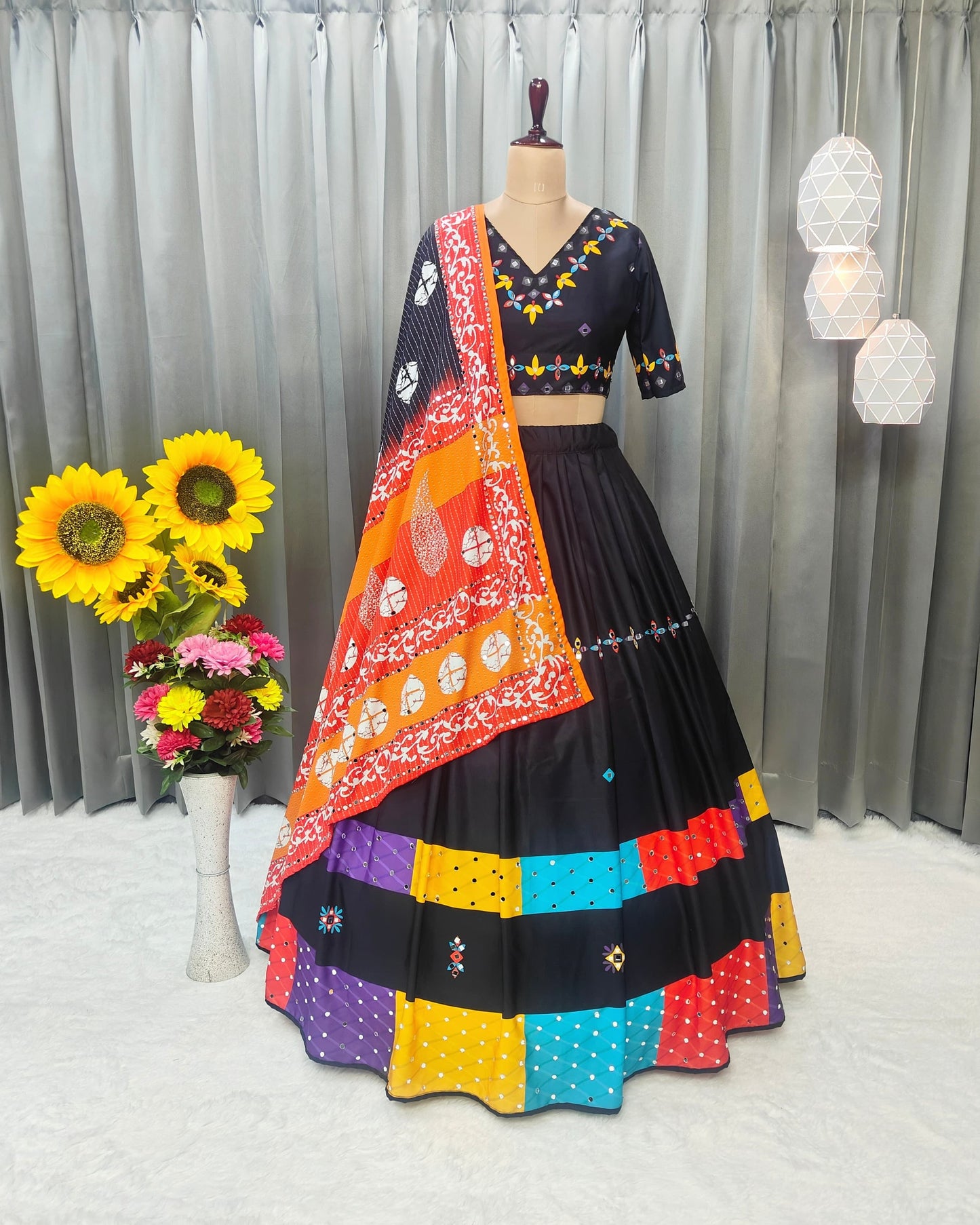Stitched Maslin Cotton Lehenga Choli Set – Digital Print & Real Mirror Work with Dupatta