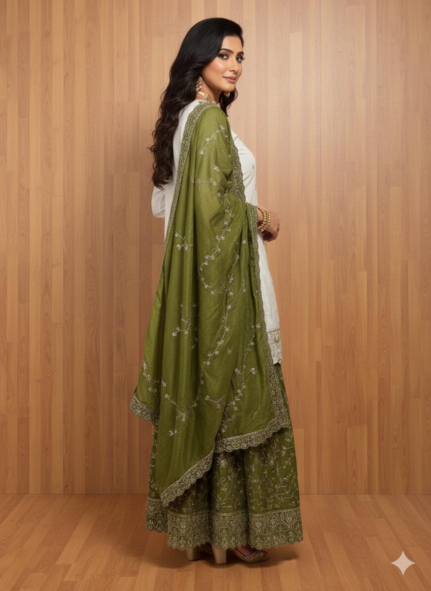 Women Olive Green Embroidered Sharara Suit Set | Short Kurti with Sharara & Dupatta | Party & Festive Wear