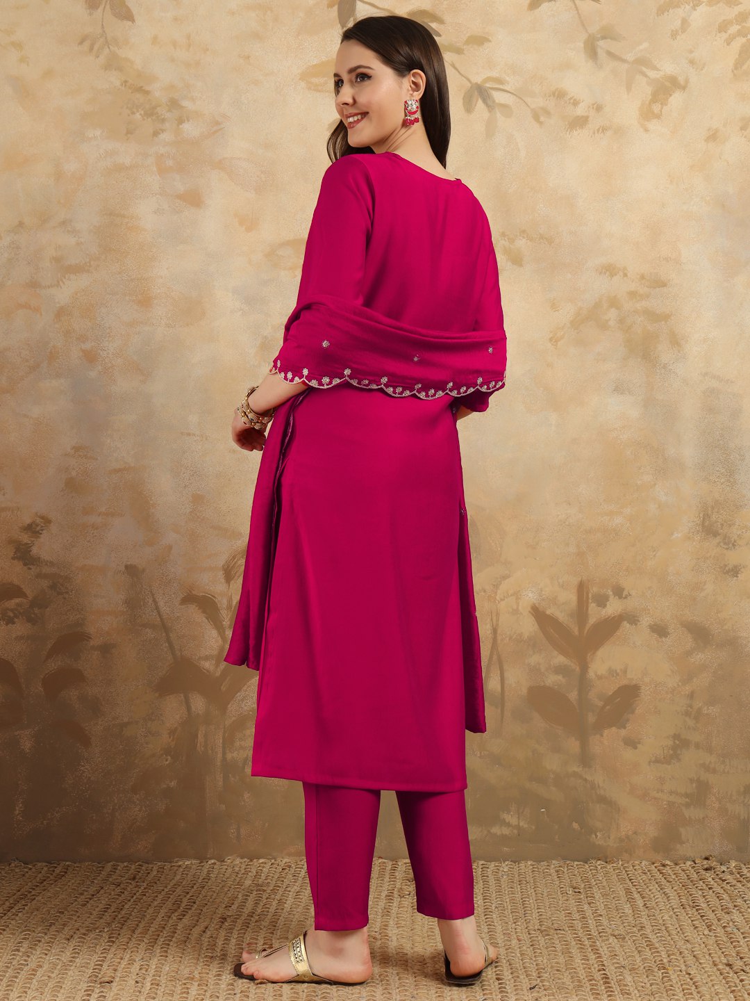 Traditional Embroidered Viscose Chanderi Kurti Pant Set with Nylon Chanderi Dupatta