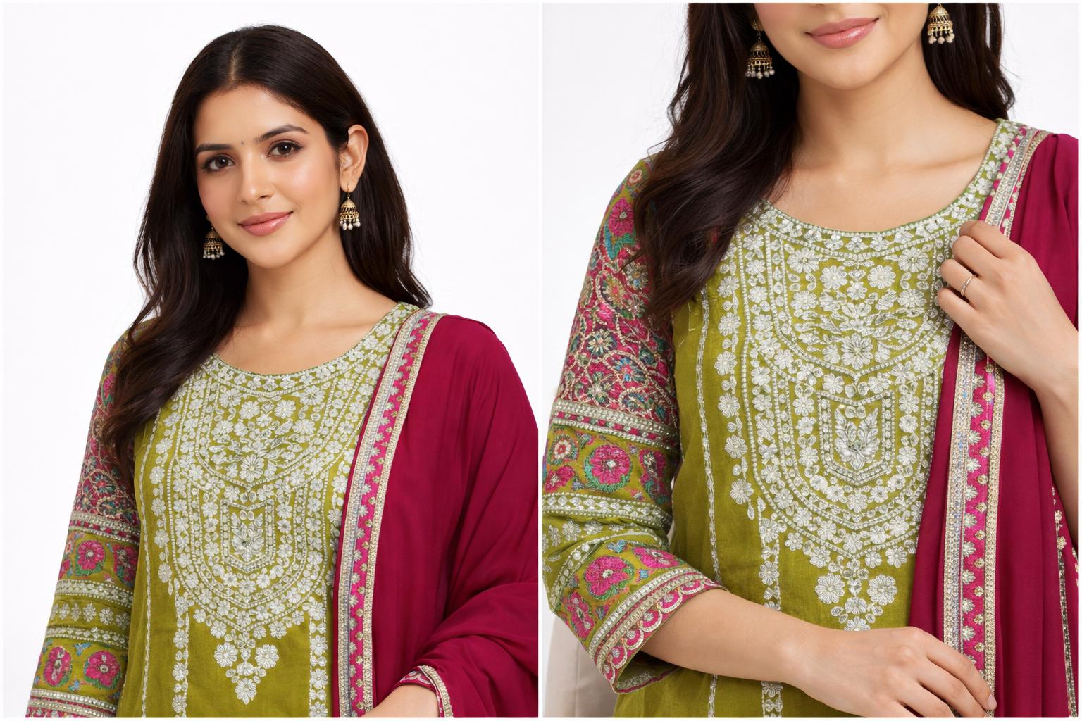 Women’s Green Embroidered Chinnon Kurta Pant Set with Dupatta | Fully Stitched Ethnic Wear | Festive & Party Outfit