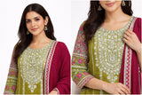 Women’s Green Embroidered Chinnon Kurta Pant Set with Dupatta | Fully Stitched Ethnic Wear | Festive & Party Outfit